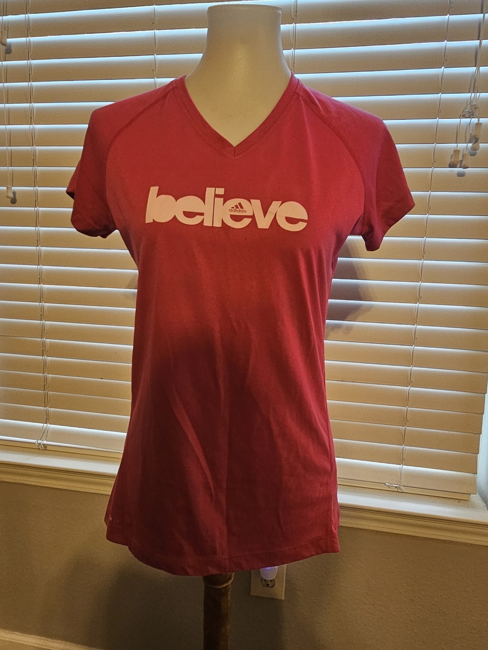 adidas Women's Red 'believe' V-Neck Short Sleeve Tee